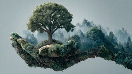 Main éco-consciente, paysage forestier suspendu symbolisant écologie