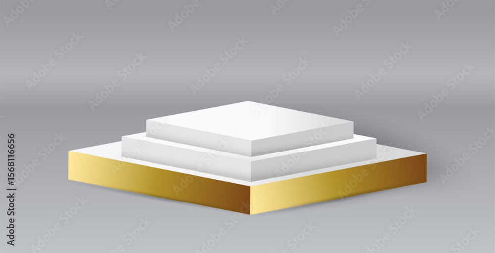 Poster 3d podium. elegant white and gold empty platform for product presentation, simple grey background. s
