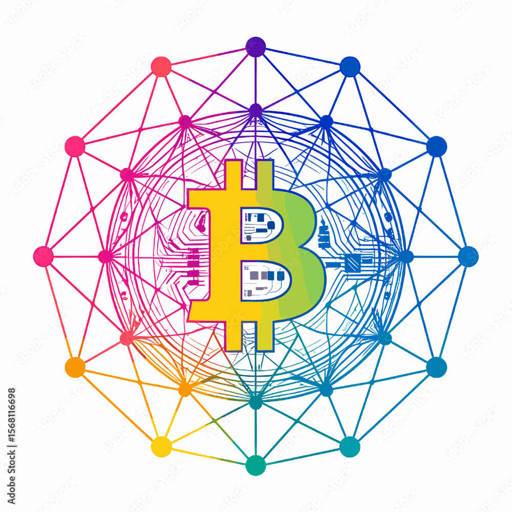 Poster colorful bitcoin symbol surrounded by interconnected network nodes in digital art style on white bac