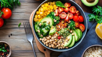 Colorful plant-based lunch with fresh ingredients served on rustic wooden table, top view