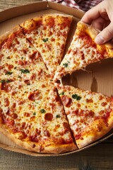 Hand grabbing a slice of pizza from the box in a tense and funny moment, top view with space for text
