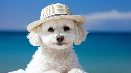 Funny white puppy wearing a hat in front of turquoise sea, summer vacation vibe, lifestyle concept, calendar image