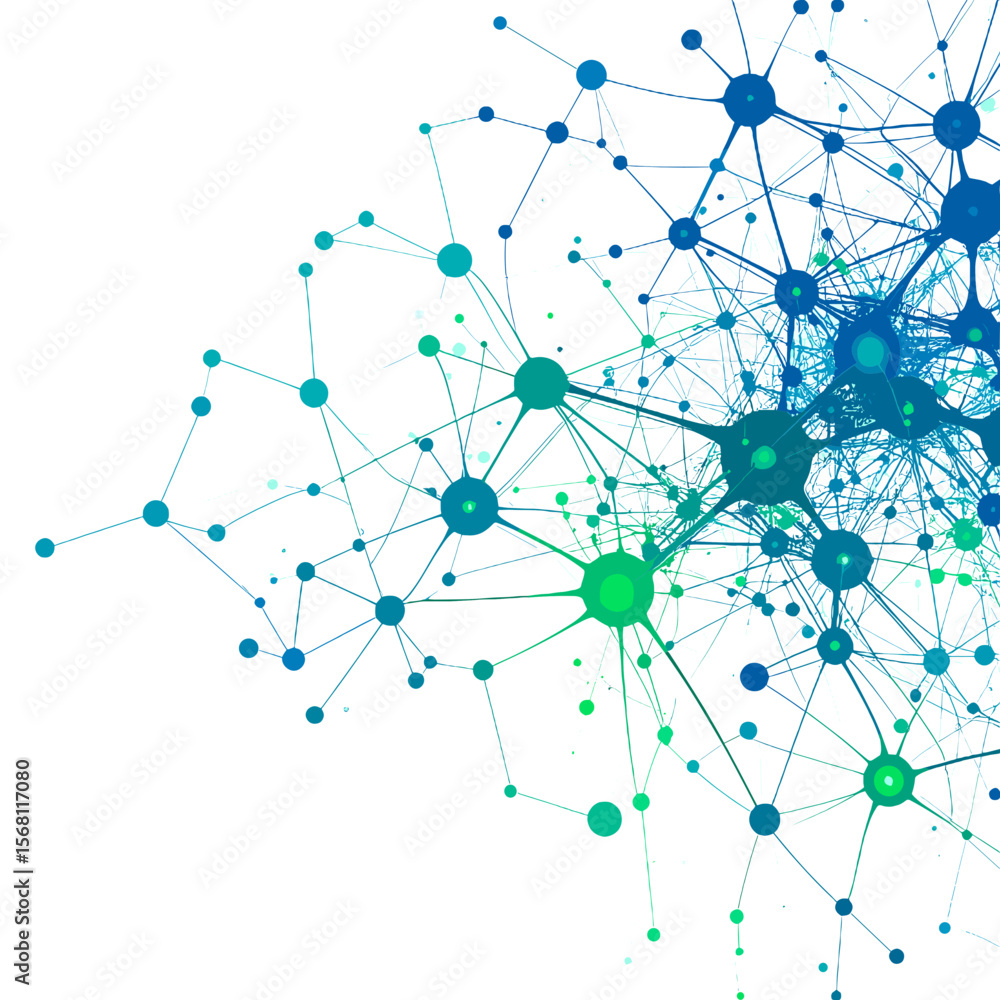 Poster complex network of interconnected nodes and data points in shades of blue and green on white backgro