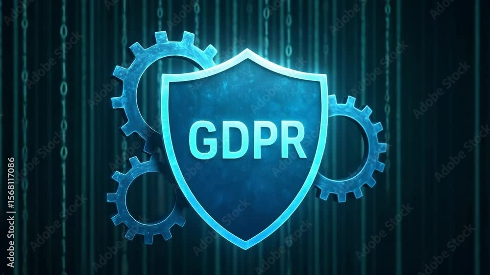 Poster a blue shield emblazoned gdpr stands before spinning gears and falling code lines. concept of data p