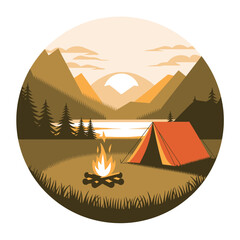 Tent and bonfire by a lake at sunset