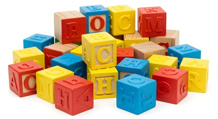 Colorful wooden alphabet blocks stacked together on a white background.