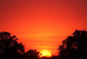 Warm orange and yellow sunset gradient fading to deep burgundy, subtle tree silhouettes,  serene,  fading