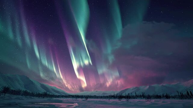 Vibrant aurora sky over snowy tundra with glowing reflections