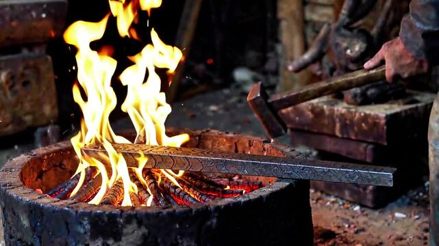 Blacksmith forging damascus steel with layered metal patterns