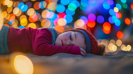 Little girl sleeping on the sand. behind are bright multi-colored spots of light