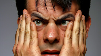 The man frowns and covers his face with his hands