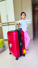 Adventure Awaits. A Little Girl's Anticipation is Palpable as She Eagerly Pulls a Large Suitcase, Ready to Set Off on a Fun-Filled Vacation with Her Family