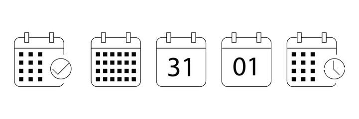 Calendar Icon Set — Planner, Reminder, Organizer, and Event Schedule Symbols for App, Website, and UI | Transparent Background Vector Icons