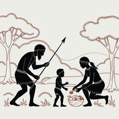 Prehistoric family gathers fruit with a spear