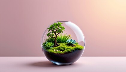 a small, clear glass vase containing a miniature bonsai tree