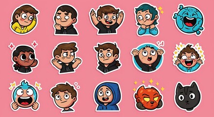 Cartoon Stickers of Diverse Emotions and Expressions on Pink Background