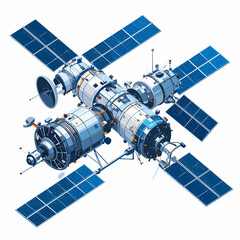 Detailed Geometric Illustration of Space Station Orbiting with Blue and White Solar Panels for Science Technology and Innovation
