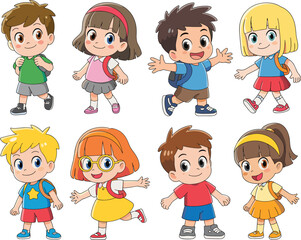 Cute cartoon school kids, smiling children characters, colorful outfits, happy boys and girls, backpack, standing pose, education, vector, isolated
