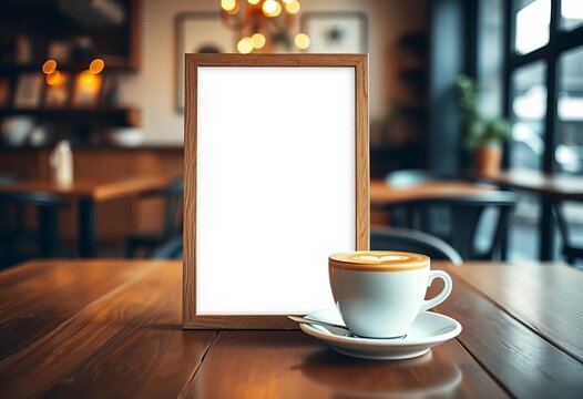 Empty vertical frame on wooden table beside latte art coffee, blurred cafe background,  photography,  barista