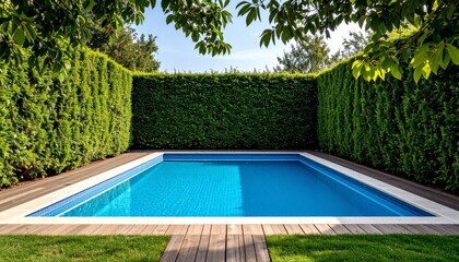 swimming pool in garden, surrounded by tall green hedge