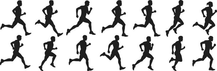 Running man silhouette vector collection, athletic male jogger poses, sports training runner clipart, fitness workout design, motion graphic set flat vector illustration