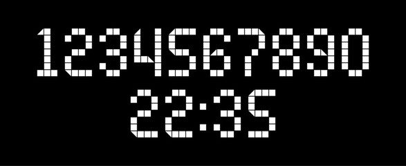 Fototapeta premium Digital clock font vector with number set from zero to nine and time representation. Numeric display for electric device.