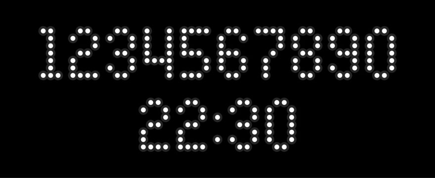 Digital clock font vector and light dot matrix numbers display time. Electronic score board design for application.