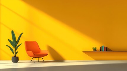 Sunny Yellow Room Interior Design with Orange Chair