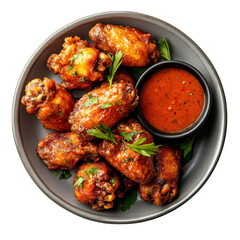 Fototapeta premium Deliciously glazed chicken wings served with spicy dipping sauce on a plate isolated on transparent background