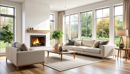 Fototapeta premium Modern living room with fireplace and large windows (1)