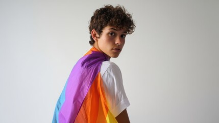 The vibrant young model showcasing pride through colorful fabric draped stylishly.