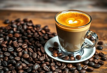 Dark roast coffee beans arranged artfully beside a latte in a rustic setting,  dark,  detail