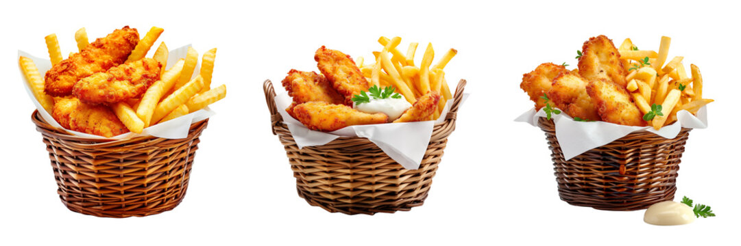 Set of basket chicken strips and french fries isolated on transparent or white background - Powered by Adobe
