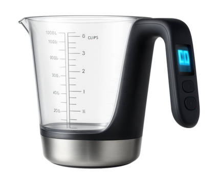 Digital measuring cup with a built-in scale for precise measurements in home baking.