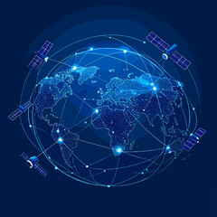 Global Satellite Communication Network with Earth Globe in Blue Tones