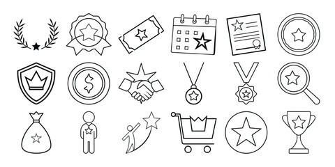 Black and white line art icons for achievements and recognition on white background