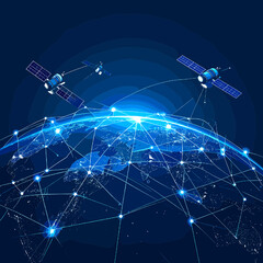 Global Satellite Network Connecting Earth in Blue Digital Space