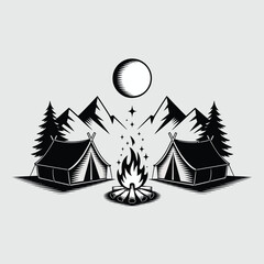 Camping scene with tents and campfire under moonlit mountains
