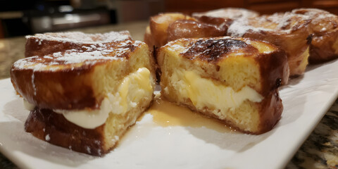 Creamy French Toast Delight: A close-up view of golden, fluffy French toast sandwiches, generously filled with a creamy, dreamy filling and lightly dusted with powdered sugar.