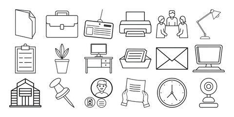 Office Supplies and Business Icons in Black and White Line Art on white background