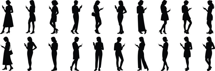 Silhouette of women standing and using mobile phone, communication, technology, casual pose, digital lifestyle, modern female vector illustration design flat vector illustration