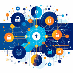 Obraz premium Intricate Cybersecurity Network Illustration With Lock Symbols On Blue And White Background Depicting Digital Protection