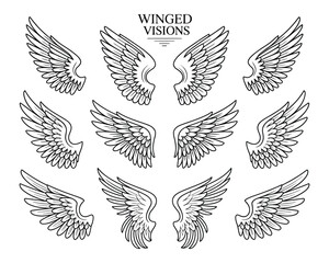 Winged Visions: A collection of meticulously illustrated angel wings, each with intricate feather details, capturing the essence of flight, freedom, and the spiritual realm. 