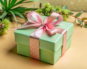 A green gift box is adorned with a pink ribbon and bow