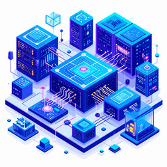 Isometric Digital Network Data Center with Blue Servers and Cyber Connections for Cloud Computing and Information Storage