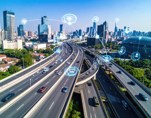 Fototapeta premium City highway network with connected vehicles