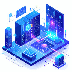 Isometric Servers and Network Infrastructure with Blue Tones Data Center System for Cloud Computing and Hosting Services