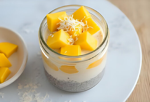 Layered chia seed pudding topped with fresh mango cubes and shredded coconut, served in a glass jar. Natural light setup, clean and healthy breakfast style. - Powered by Adobe