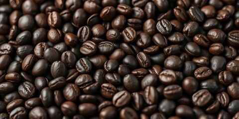 Fototapeta premium Dark roasted coffee beans close-up, rich texture, roasted, food