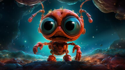 An adorable red alien with large eyes stands in an atmospheric space scene.